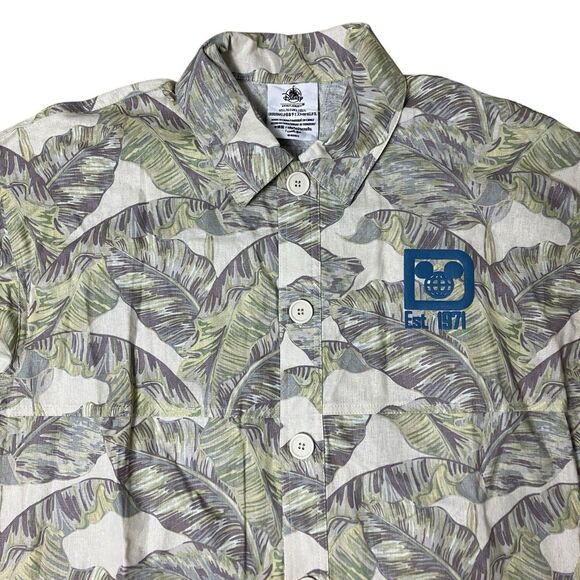 Disney World Mens XL Green Linen Blend Leaf Button Up Shirt Spirit Jersey Parks - Picture 2 of 15